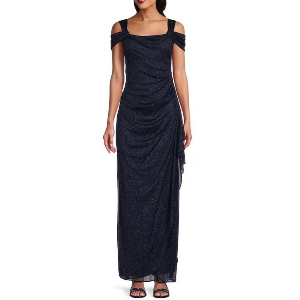 Alex Evenings Cold-Shoulder Draped Metallic Gown - Black - Size 14